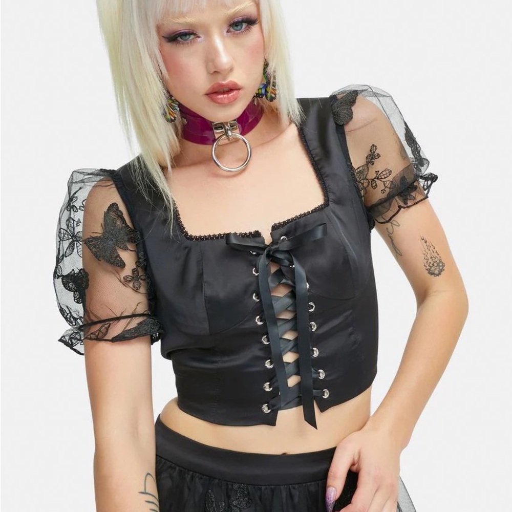 Dolls Kill “Everything Changes” Butterfly Satin Crop Top